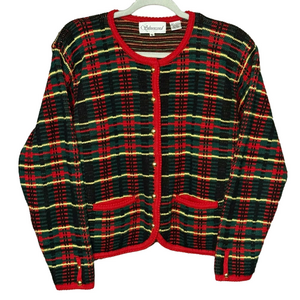 Vintage Silvercord Women's Holiday Plaid Button Up Cardigan Gold Buttons Size XL